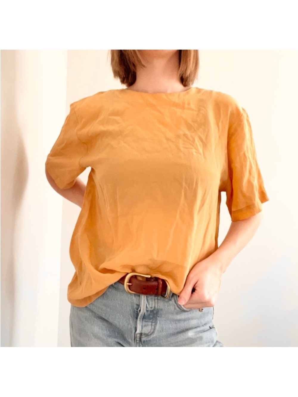 Vintage Anna And Frank Silk Short-Sleeve Top in Mustard Yellow